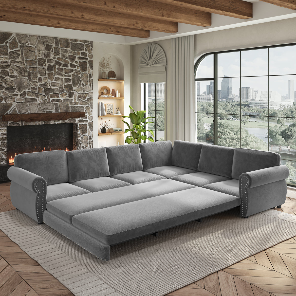 L-Shaped Chenille Sectional Sofa with Pull-Out Bed & Rolled Arm