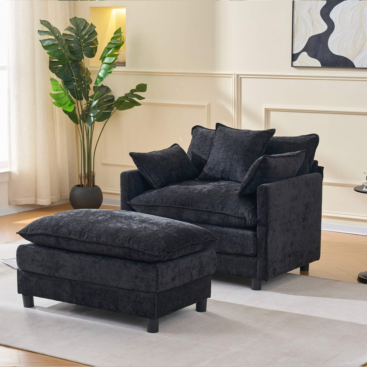 39.4" Chenille Accent Chair with Ottoman, Beige Upholstered Armchair