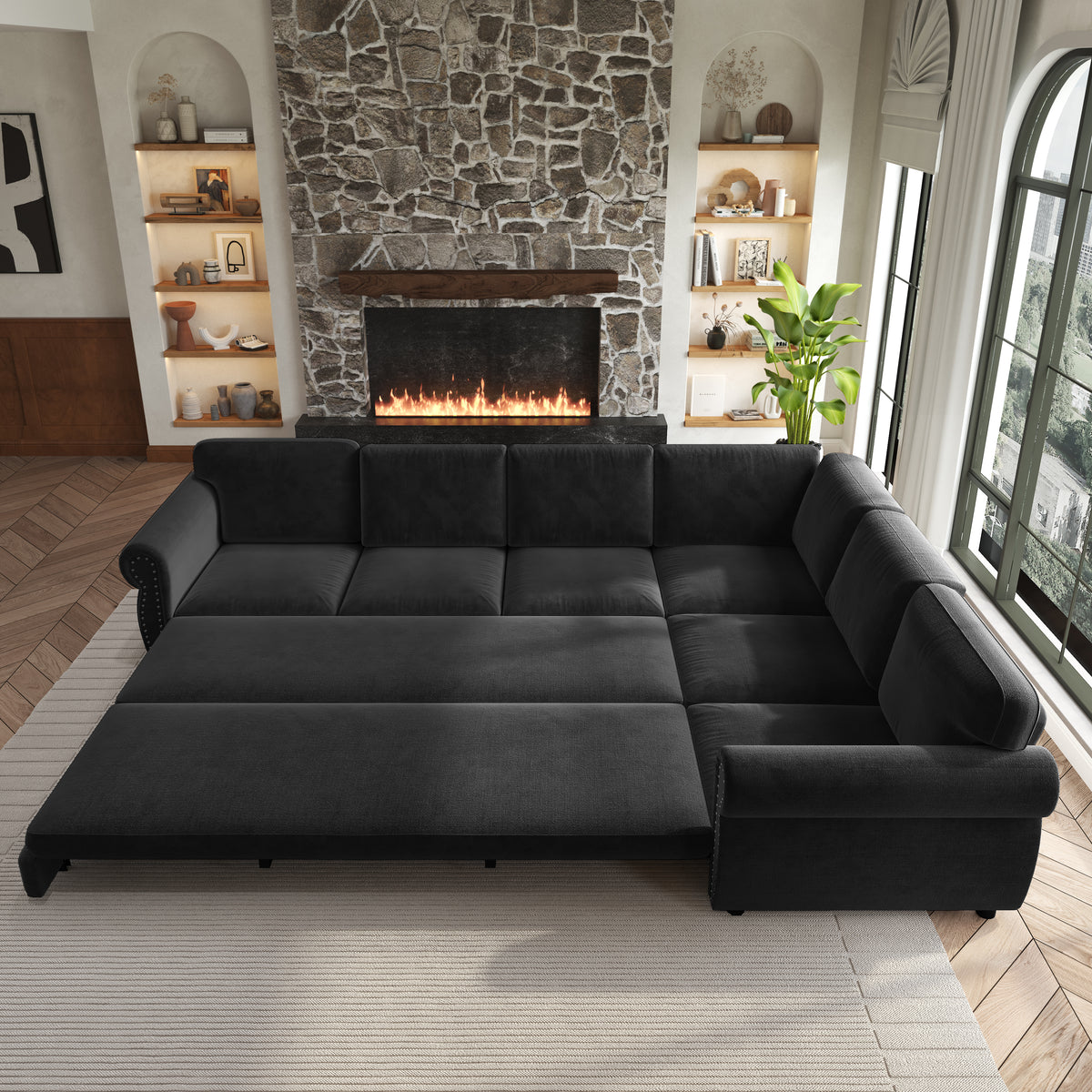 118" Oversized Convertible Sleeper Sofa with Nailhead Trim, L-Shaped Couch