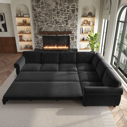 118" Oversized Convertible Sleeper Sofa with Nailhead Trim, L-Shaped Couch