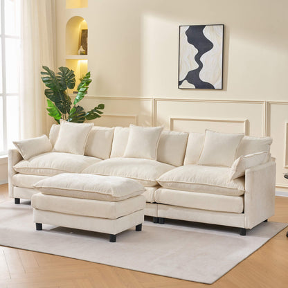 108" 4-Seater L-Shaped Modular Chenille Sofa with Ottoman, Deep Seat Cloud Couch