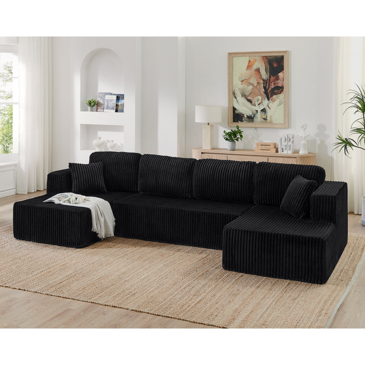 U-Shaped Modular Corduroy Sectional Sofa, Compressed Sleeper Couch