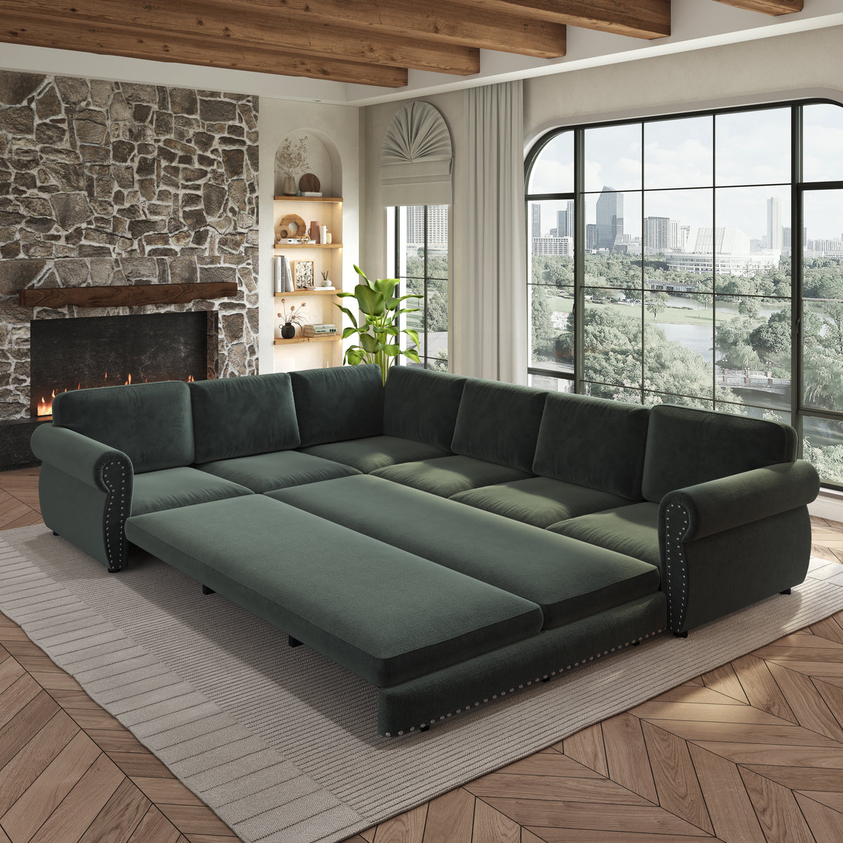 118" Oversized Convertible Sleeper Sofa with Nailhead Trim, L-Shaped Couch