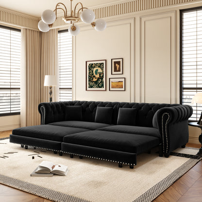 89" 3-Seater Velvet Chesterfield Sofa Bed with Movable Ottoman