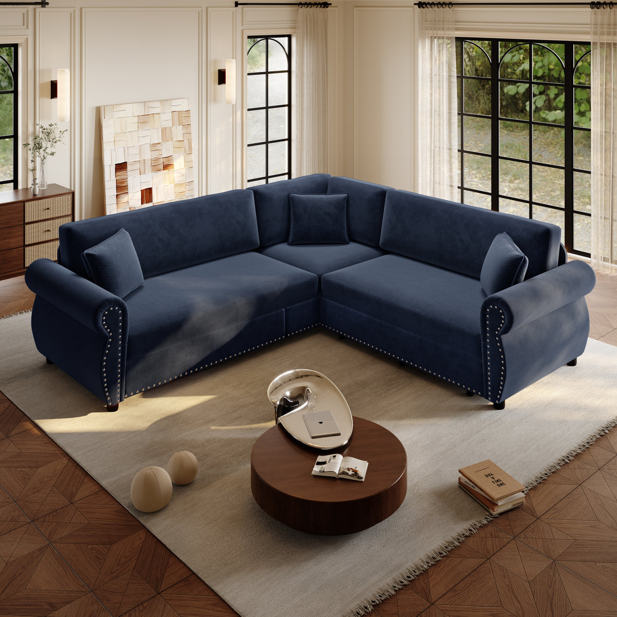 88.2" L-Shaped Chenille Sectional Sofa with Pull-Out Bed & Rolled Arm