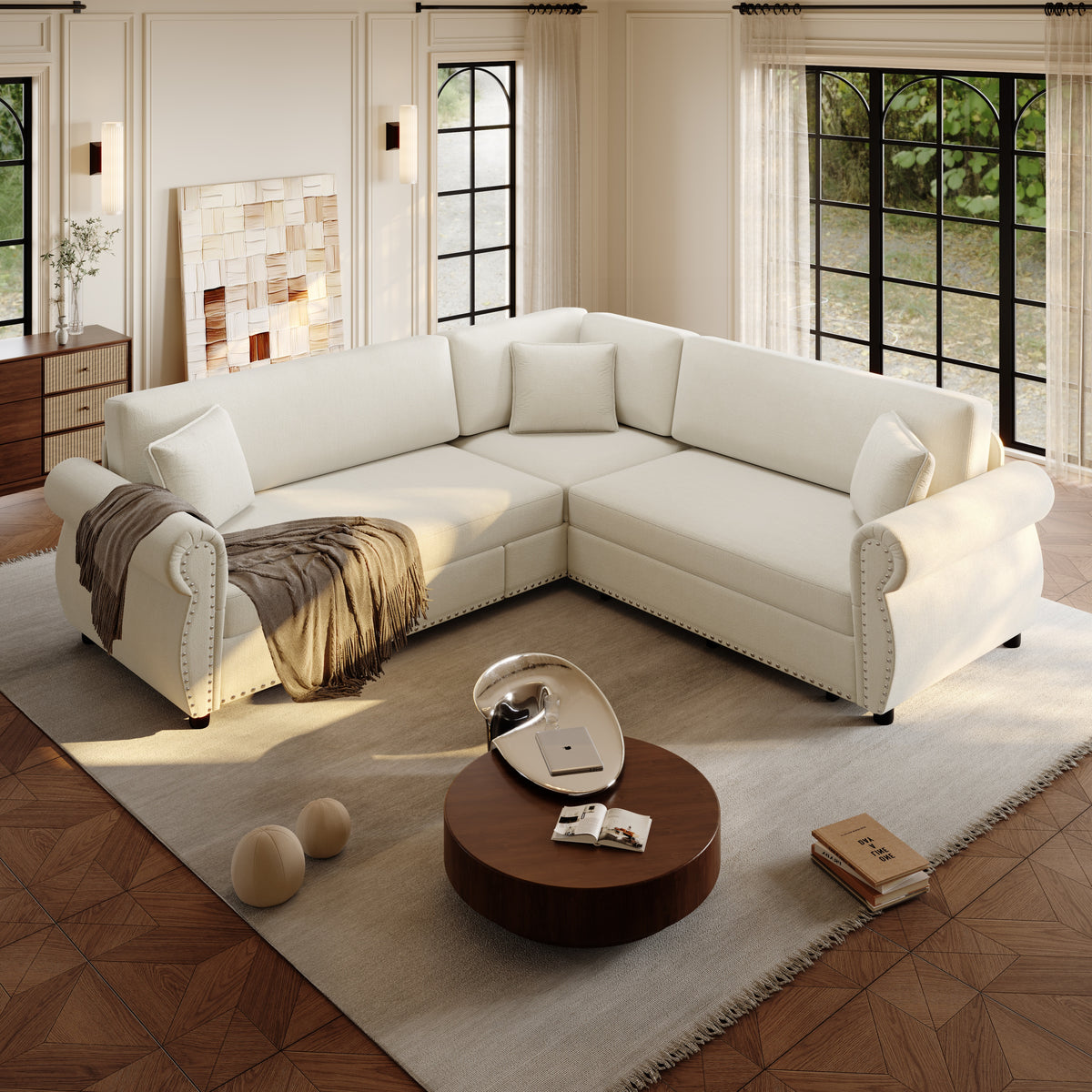 88.2" L-Shaped Chenille Sectional Sofa with Pull-Out Bed & Rolled Arm