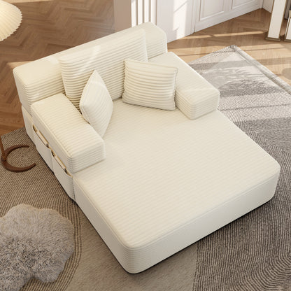Oversized Plush Corduroy Chaise Lounge Sofa, Convertible Sleeper Couch Bed with Storage Pockets & 3 Pillows