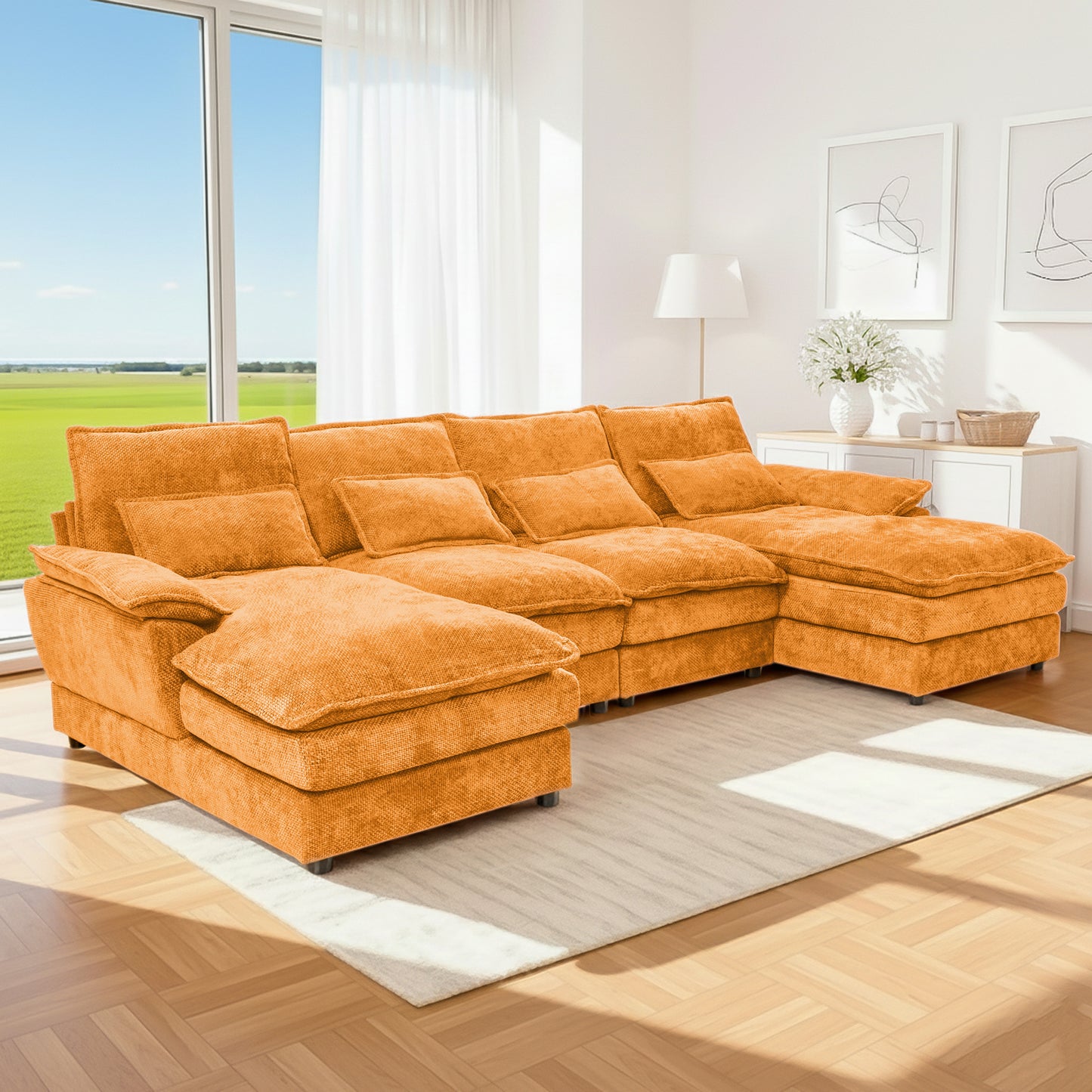 4-Seat Orange Chenille U-Sofa with Automatic Cushion Expansion & Sturdy Frame