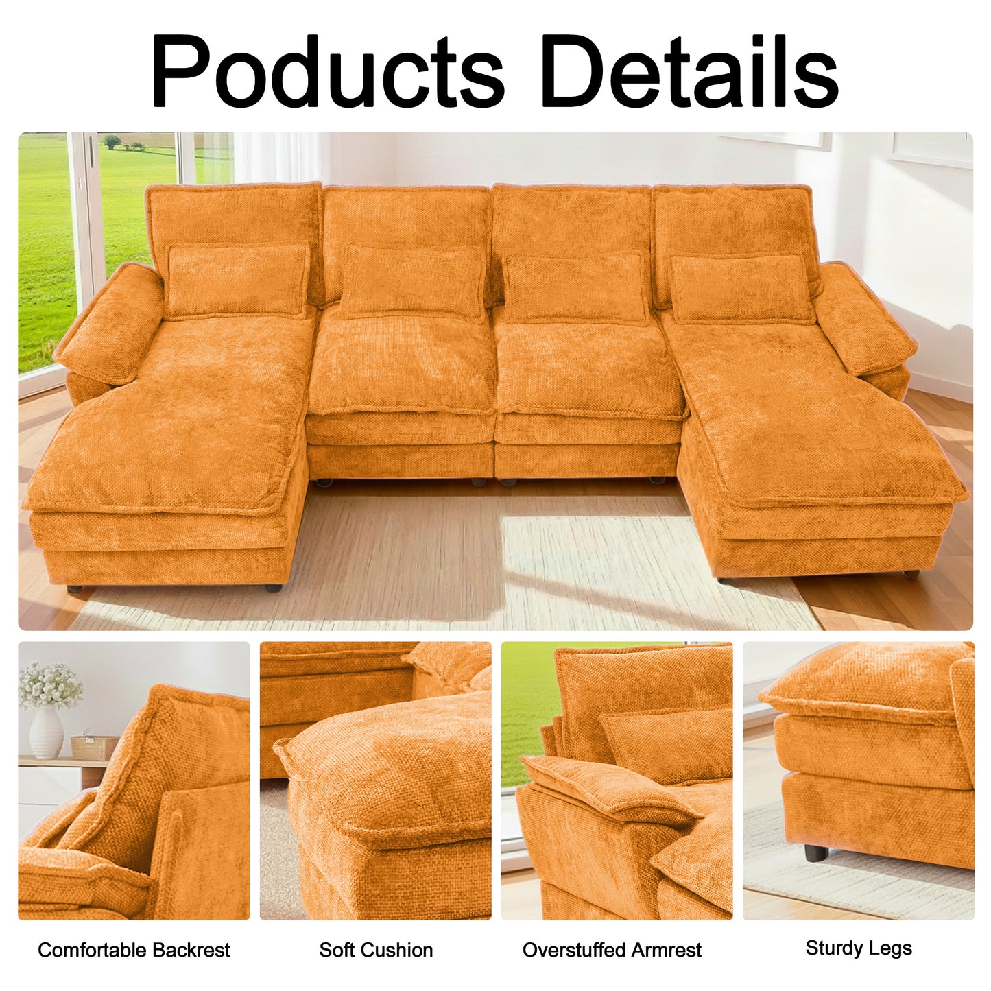 4-Seat Orange Chenille U-Sofa with Automatic Cushion Expansion & Sturdy Frame