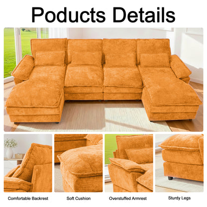 4-Seat Orange Chenille U-Sofa with Automatic Cushion Expansion & Sturdy Frame