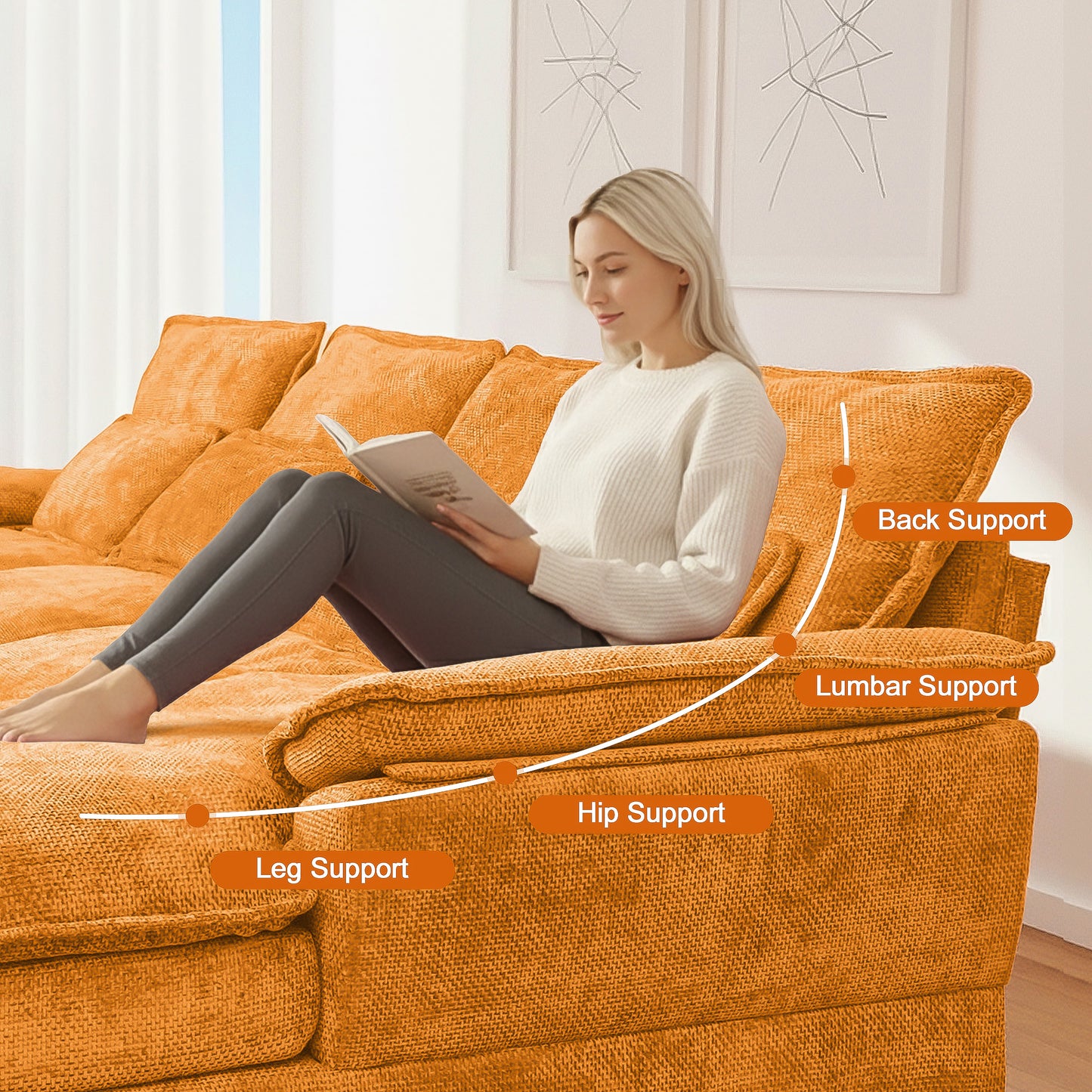 4-Seat Orange Chenille U-Sofa with Automatic Cushion Expansion & Sturdy Frame