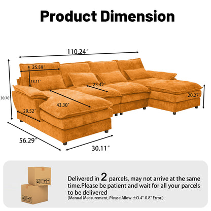 4-Seat Orange Chenille U-Sofa with Automatic Cushion Expansion & Sturdy Frame