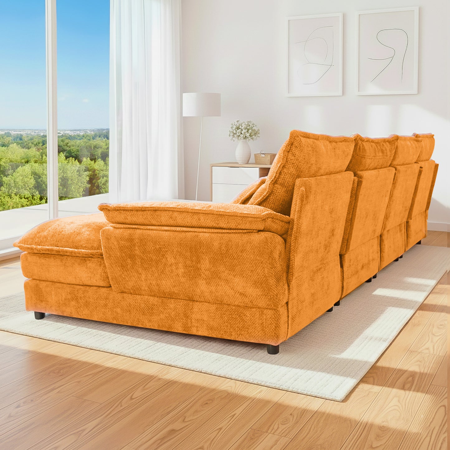 4-Seat Orange Chenille U-Sofa with Automatic Cushion Expansion & Sturdy Frame