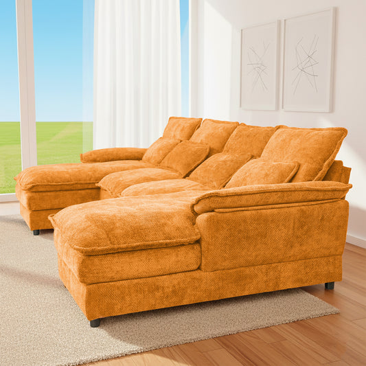 4-Seat Orange Chenille U-Sofa with Automatic Cushion Expansion & Sturdy Frame