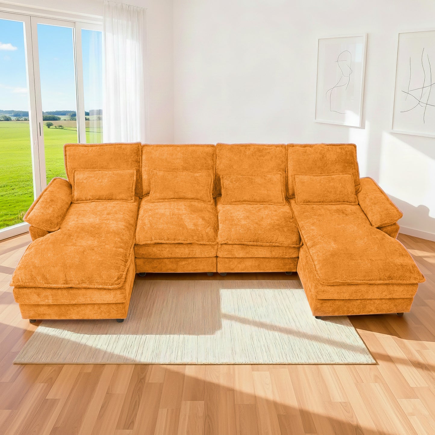 4-Seat Orange Chenille U-Sofa with Automatic Cushion Expansion & Sturdy Frame
