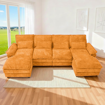 4-Seat Orange Chenille U-Sofa with Automatic Cushion Expansion & Sturdy Frame