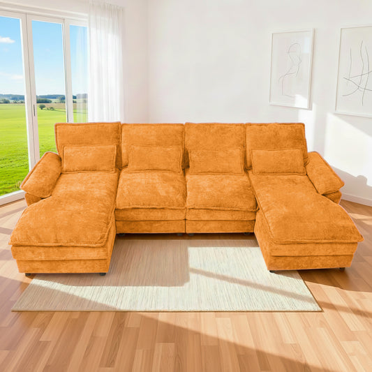 4-Seat Orange Chenille U-Sofa with Automatic Cushion Expansion & Sturdy Frame