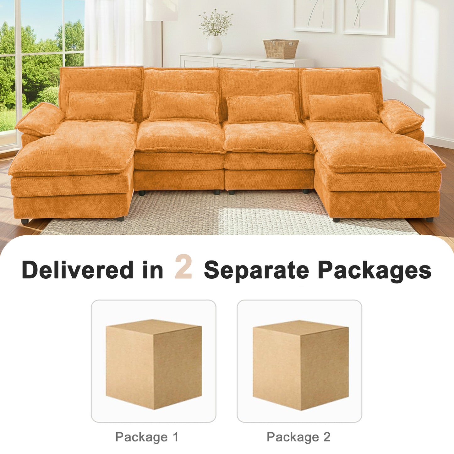 4-Seat Orange Chenille U-Sofa with Automatic Cushion Expansion & Sturdy Frame