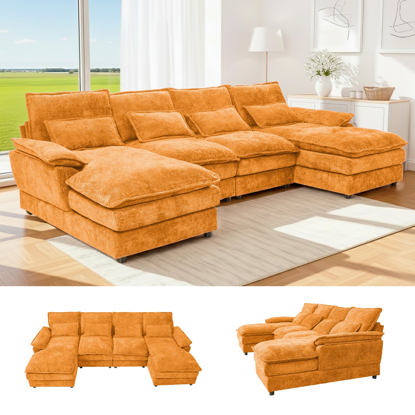4-Seat Orange Chenille U-Sofa with Automatic Cushion Expansion & Sturdy Frame