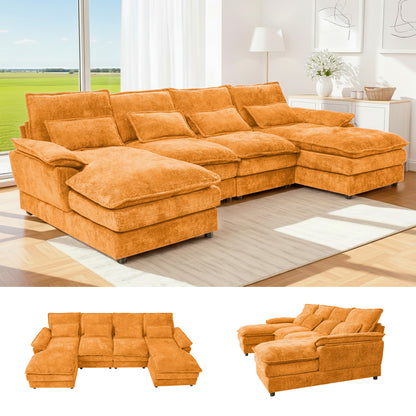 4-Seat Orange Chenille U-Sofa with Automatic Cushion Expansion & Sturdy Frame