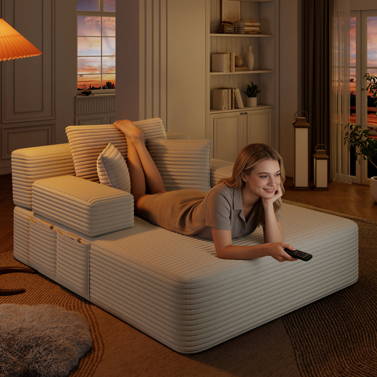 Oversized Plush Corduroy Chaise Lounge Sofa, Convertible Sleeper Couch Bed with Storage Pockets & 3 Pillows