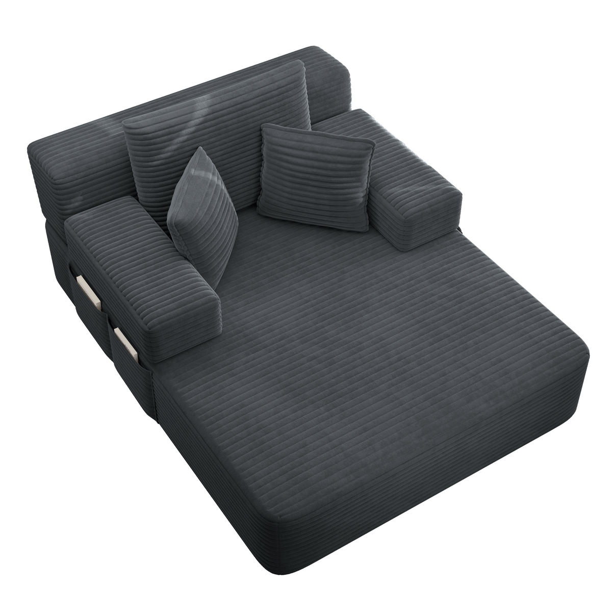 Oversized Plush Corduroy Chaise Lounge Sofa, Convertible Sleeper Couch Bed with Storage Pockets & 3 Pillows