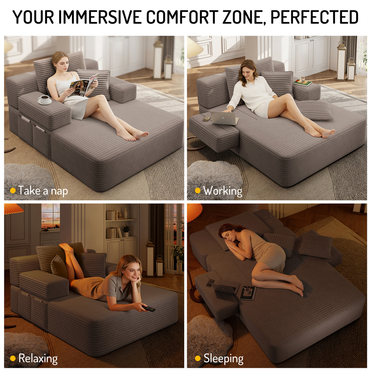 Oversized Plush Corduroy Chaise Lounge Sofa, Convertible Sleeper Couch Bed with Storage Pockets & 3 Pillows