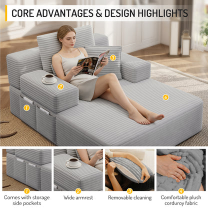 Oversized Plush Corduroy Chaise Lounge Sofa, Convertible Sleeper Couch Bed with Storage Pockets & 3 Pillows