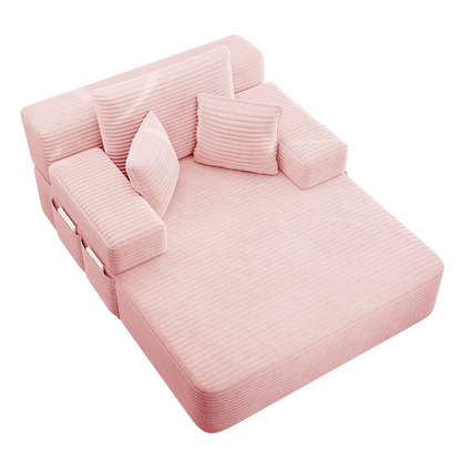 Oversized Plush Corduroy Chaise Lounge Sofa, Convertible Sleeper Couch Bed with Storage Pockets & 3 Pillows