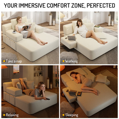 Oversized Plush Corduroy Chaise Lounge Sofa, Convertible Sleeper Couch Bed with Storage Pockets & 3 Pillows