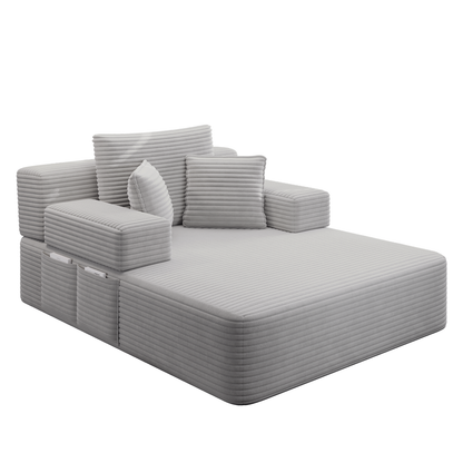 Oversized Plush Corduroy Chaise Lounge Sofa, Convertible Sleeper Couch Bed with Storage Pockets & 3 Pillows