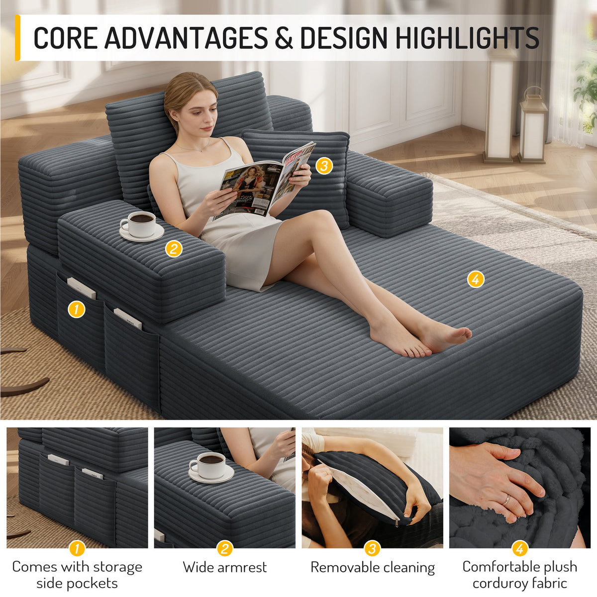 Oversized Plush Corduroy Chaise Lounge Sofa, Convertible Sleeper Couch Bed with Storage Pockets & 3 Pillows