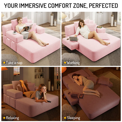 Oversized Plush Corduroy Chaise Lounge Sofa, Convertible Sleeper Couch Bed with Storage Pockets & 3 Pillows