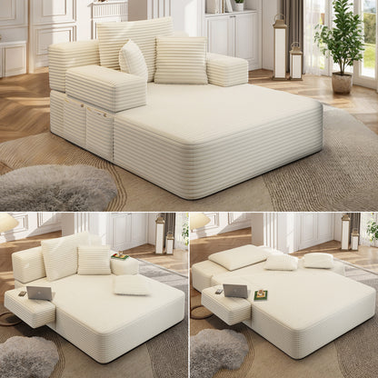 Oversized Plush Corduroy Chaise Lounge Sofa, Convertible Sleeper Couch Bed with Storage Pockets & 3 Pillows