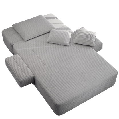 Oversized Plush Corduroy Chaise Lounge Sofa, Convertible Sleeper Couch Bed with Storage Pockets & 3 Pillows
