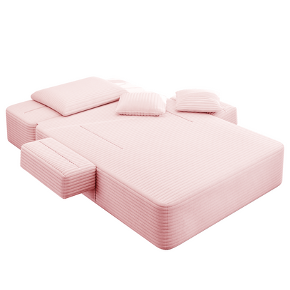 Oversized Plush Corduroy Chaise Lounge Sofa, Convertible Sleeper Couch Bed with Storage Pockets & 3 Pillows