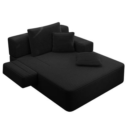 Oversized Plush Corduroy Chaise Lounge Sofa, Convertible Sleeper Couch Bed with Storage Pockets & 3 Pillows