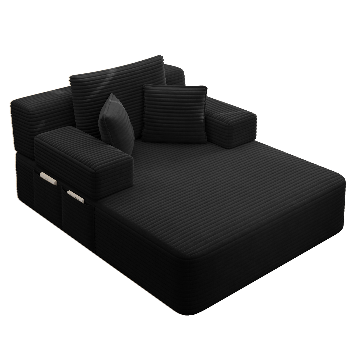 Oversized Plush Corduroy Chaise Lounge Sofa, Convertible Sleeper Couch Bed with Storage Pockets & 3 Pillows