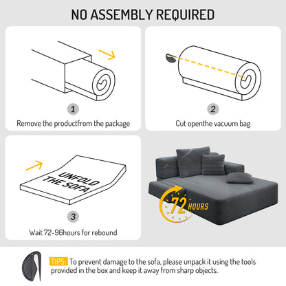 Oversized Plush Corduroy Chaise Lounge Sofa, Convertible Sleeper Couch Bed with Storage Pockets & 3 Pillows