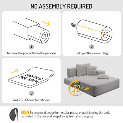 Oversized Plush Corduroy Chaise Lounge Sofa, Convertible Sleeper Couch Bed with Storage Pockets & 3 Pillows