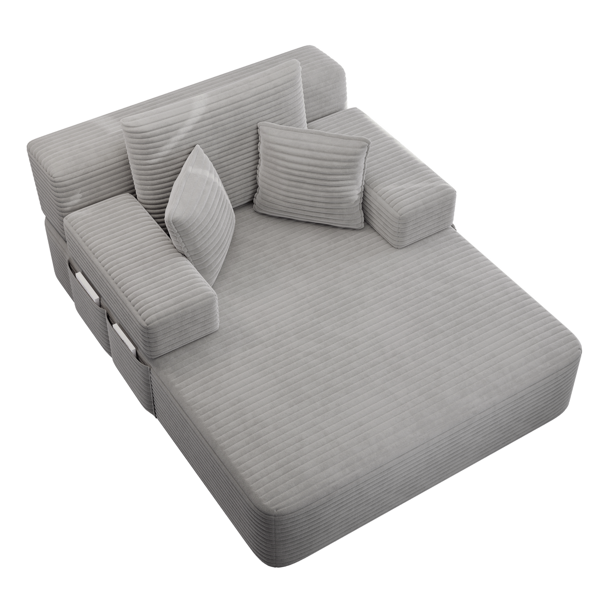 Oversized Plush Corduroy Chaise Lounge Sofa, Convertible Sleeper Couch Bed with Storage Pockets & 3 Pillows