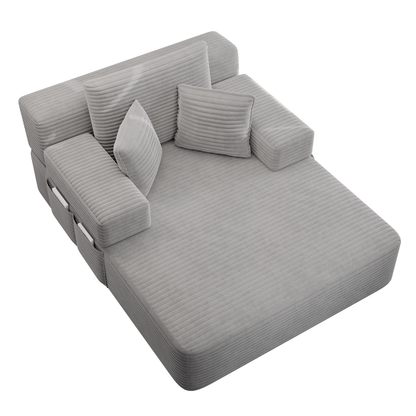 Oversized Plush Corduroy Chaise Lounge Sofa, Convertible Sleeper Couch Bed with Storage Pockets & 3 Pillows