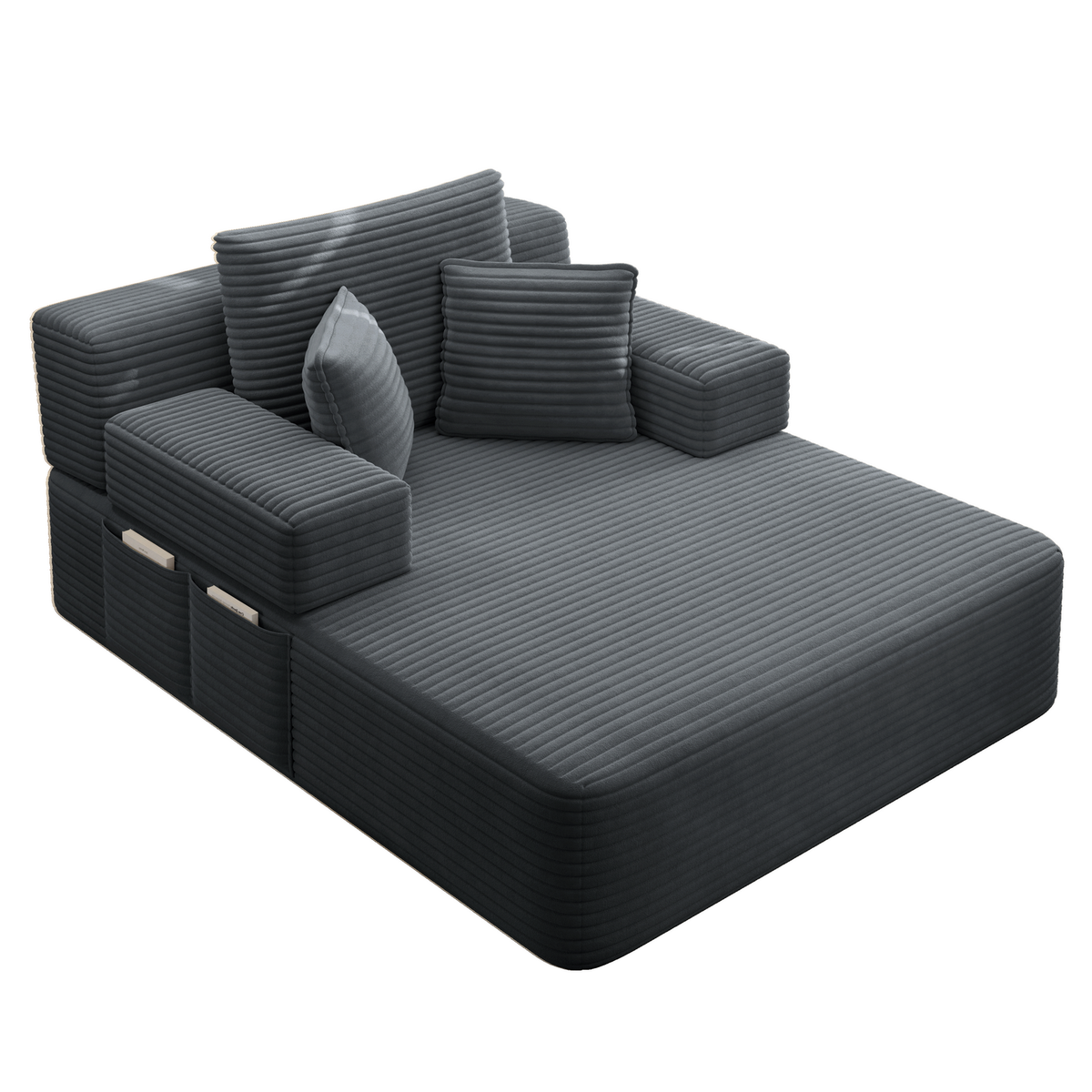 Oversized Plush Corduroy Chaise Lounge Sofa, Convertible Sleeper Couch Bed with Storage Pockets & 3 Pillows
