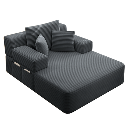 Oversized Plush Corduroy Chaise Lounge Sofa, Convertible Sleeper Couch Bed with Storage Pockets & 3 Pillows