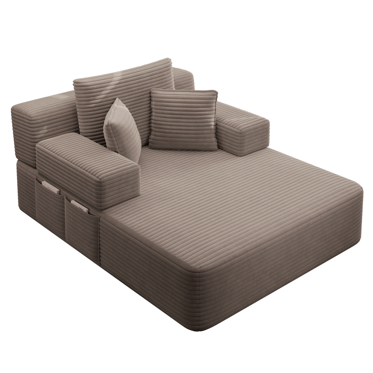Oversized Plush Corduroy Chaise Lounge Sofa, Convertible Sleeper Couch Bed with Storage Pockets & 3 Pillows