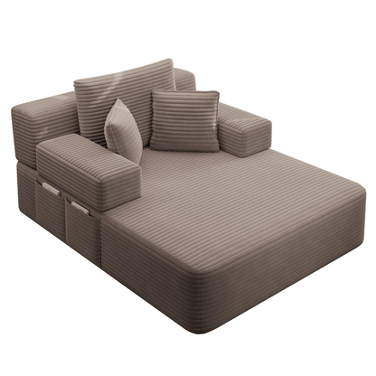 Oversized Plush Corduroy Chaise Lounge Sofa, Convertible Sleeper Couch Bed with Storage Pockets & 3 Pillows