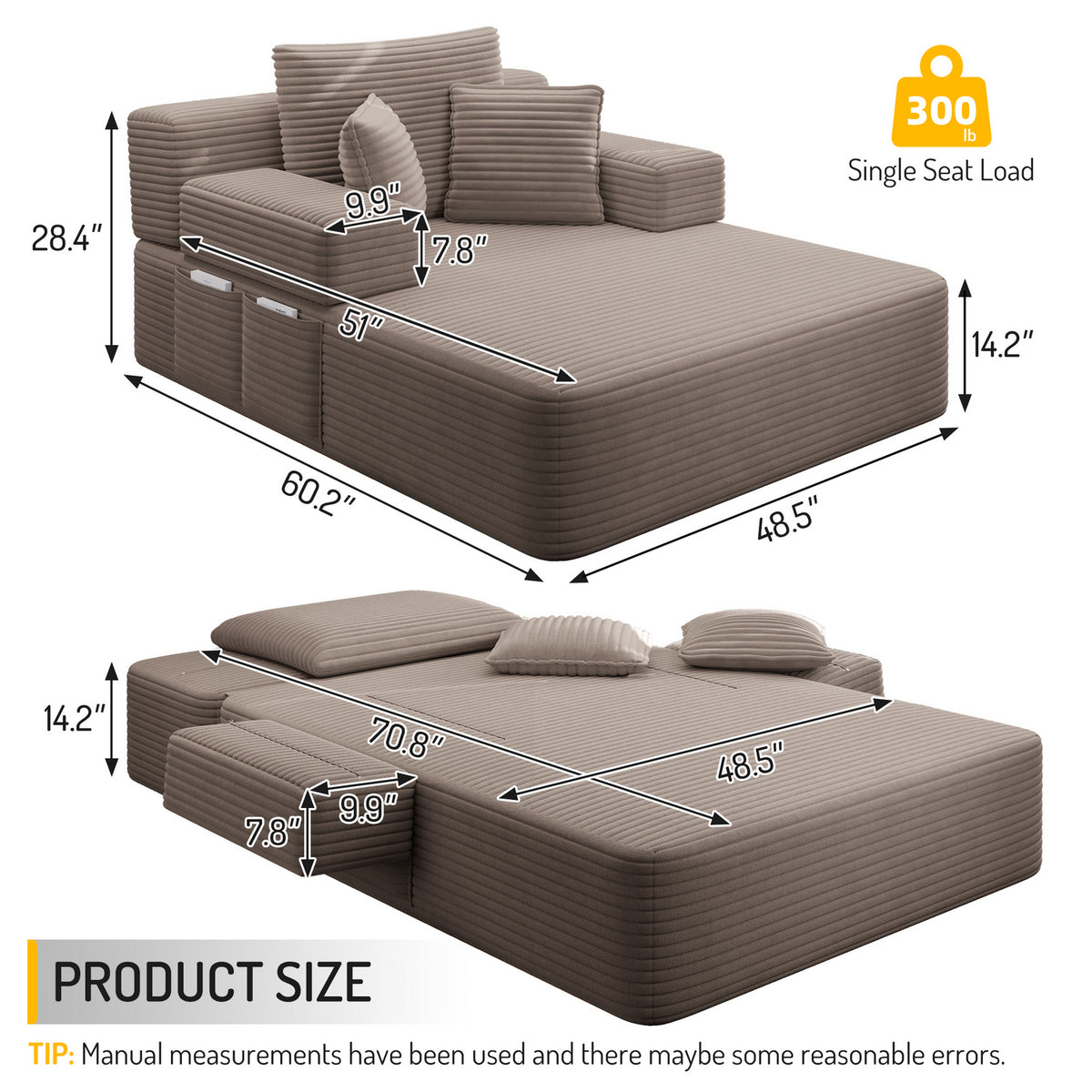Oversized Plush Corduroy Chaise Lounge Sofa, Convertible Sleeper Couch Bed with Storage Pockets & 3 Pillows