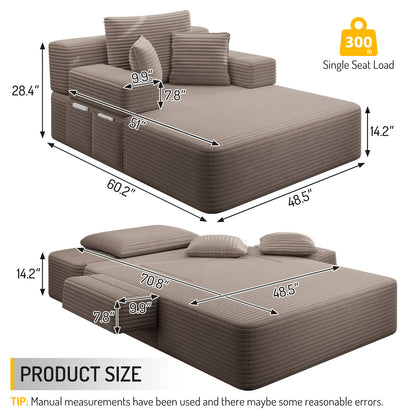 Oversized Plush Corduroy Chaise Lounge Sofa, Convertible Sleeper Couch Bed with Storage Pockets & 3 Pillows