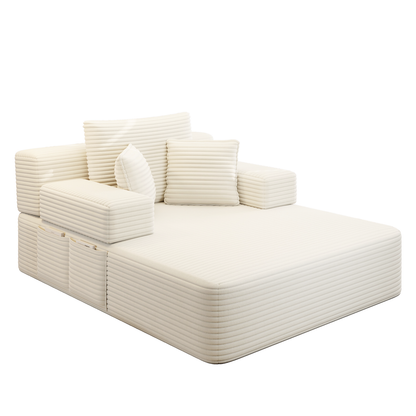 Oversized Plush Corduroy Chaise Lounge Sofa, Convertible Sleeper Couch Bed with Storage Pockets & 3 Pillows