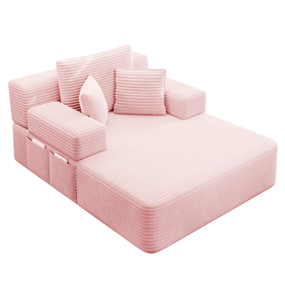 Oversized Plush Corduroy Chaise Lounge Sofa, Convertible Sleeper Couch Bed with Storage Pockets & 3 Pillows